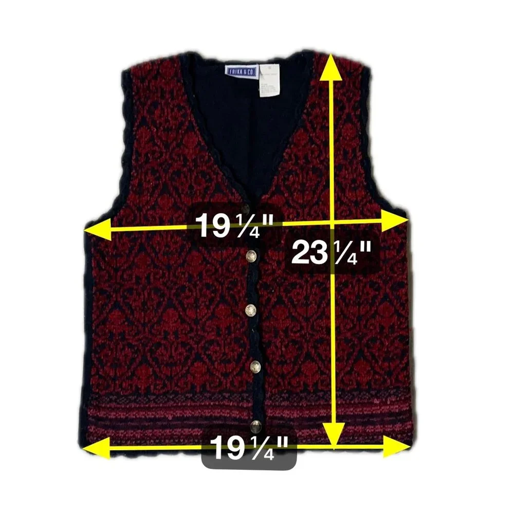 Vintage Vest 1990s Chenille Knit Black Red Button Up Scalloped Edges Small Korea - Picture 9 of 9